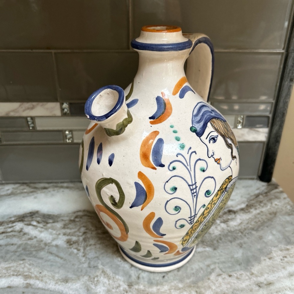Vintage Italian Majolica Terracotta Pitcher Jug Womans Face 11 “ Hand Painted - Picture 8 of 8